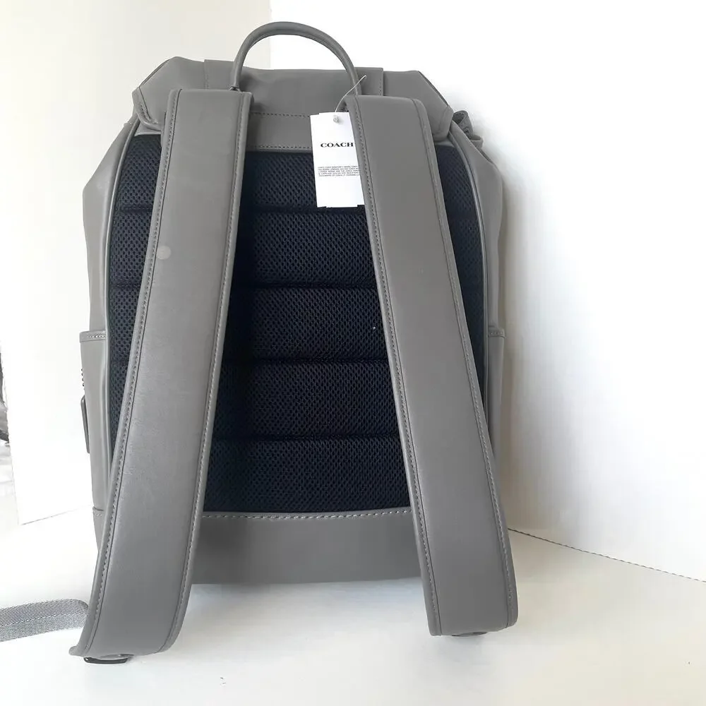 Coach League Flap Backpack Charcoal Gray Leather Laptop Bag CU072